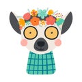 Cute funny lemur in floral wreath, t-shirt.