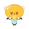 Cute funny light bulb meditate. Vector flat