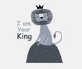 A cute funny lion in a crown. Isolated objects on white background. Scandinavian style flat design. Concept for children print.