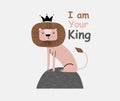 A cute funny lion in a crown. Isolated objects on white background. Scandinavian style flat design. Concept for children print.