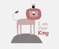 A cute funny lion in a crown. Isolated objects on white background. Scandinavian style flat design. Concept for children print. Royalty Free Stock Photo