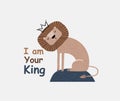 A cute funny lion in a crown. Isolated objects on white background. Scandinavian style flat design. Concept for children print.