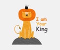 A cute funny lion in a crown. Isolated objects on white background. Scandinavian style flat design. Concept for children print.
