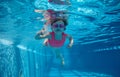 Cute, funny, little baby girl, toddler in pink swimsuit and goggles swimming underwater in swimming pool. Water sports Royalty Free Stock Photo