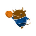 Cute funny little bull student playing basketball, pupil animal in a blue school uniform, back to school concept vector