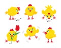 6 cute funny little chick chiken hen cartoon flat style design vector illustration set