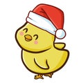 Cute and funny little chick wearing Santa`s hat for Christmas