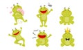 Cute Funny Little Frog Cartoon Character Collection, Adorable Frog Amphibian Animal in Different Situations Vector