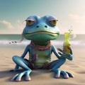 Cute and Funny-Looking Blue Green Hippie Frog Enjoying Casual Beach Day with Drink