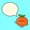 Cute funny mandarin with speech bubble. Vector hand drawn cartoon kawaii character illustration icon. Isolated on blue Royalty Free Stock Photo