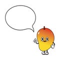 Cute funny Mango with speech bubble character. Vector hand drawn traditional cartoon vintage, retro, kawaii character Royalty Free Stock Photo