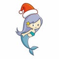 Cute and funny mermaid smiling, blinking her eye and wearing Santa`s hat for christmas