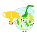 Cute funny mojito hold gold trophy cup. Vector hand drawn cartoon kawaii character illustration icon. Isolated on white Royalty Free Stock Photo