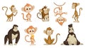 Cute funny monkeys colorful cartoon collection. Set of vector chimpanzee in diferent poses. Wildlife characters