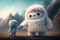 cute funny monster hand-in-hand with its best friend, a cute yeti