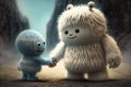cute funny monster hand-in-hand with its best friend, a cute yeti