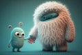 cute funny monster hand-in-hand with its best friend, a cute yeti