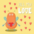 Cute funny monster holding a heart