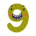 9 cute funny number character. Nine comic childish bright green numeral, math symbol cartoon vector illustration