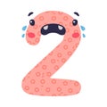 2 cute funny number character. Two comic childish pink numeral, math symbol cartoon vector illustration