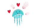 Cute, funny ocean jellyfish in cartoon style, set medusa and red hearts, design, flat vector illustration, isolated on Royalty Free Stock Photo