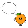 Cute funny orange fruit speech bubble character. Vector hand drawn traditional cartoon vintage, retro, kawaii character Royalty Free Stock Photo