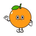 Cute funny orange fruit waving hand character. Vector hand drawn traditional cartoon vintage, retro, kawaii character Royalty Free Stock Photo