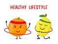 Cute funny orange and lemon fruit make workout with hula hoop. Fruit character concept. Vector hand drawn cartoon kawaii Royalty Free Stock Photo