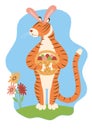 A cute funny orange tiger holds a basket with Easter eggs in his hands and smiles cutely.