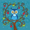 Cute funny owl on abstract blue background. Children`s cartoon illustration with fabulous animal or bird, heart and stars.Vector. Royalty Free Stock Photo