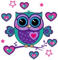 Cute funny owl. Forest bird, heart and stars. Decorative and style toy, doll. Wonderland. Magic, fabulous story.