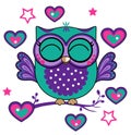 Cute funny owl. Forest bird, heart and stars. Decorative and style toy, doll. Wonderland. Magic, fabulous story.
