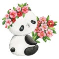 Cute funny panda bear and pink flowers hand drawn in watercolor on white isolated background. Hand drawn illustration