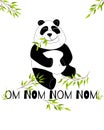 Cute and funny panda is eating bamboo card. Doodle hand drawn style.