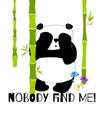 Cute and funny panda hides in the bamboo forest card. Doodle hand drawn style. Royalty Free Stock Photo