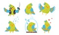 Cute Funny Parrot Cartoon Character Collection, Adorable Domestic Bird in Different Situations Vector Illustration Royalty Free Stock Photo