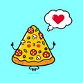 Cute funny piece of pizza doing yoga with speech bubble. Vector hand drawn cartoon kawaii character illustration icon