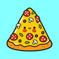 Cute funny piece of pizza. Vector hand drawn cartoon kawaii character illustration icon. Isolated on blue background