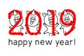 Cute funny pig. Happy New Year. Chinese symbol of the 2019 year. vector black line drawing four pigs dancing celebrating red