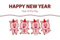 Cute funny pig. Happy New Year. Chinese symbol of the 2019 year. vector black line drawing four pigs dancing celebrating red art