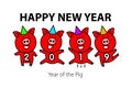 Cute funny pig. Happy New Year. Chinese symbol of the 2019 year. vector black line drawing four pigs dancing celebrating red