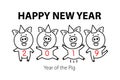 Cute funny pig. Happy New Year. Chinese symbol of the 2019 year. vector black line drawing four pigs dancing celebrating red