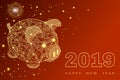 Cute funny pig. Happy New Year. Chinese symbol of the 2019 year. Excellent festive gift card. Vector illustration on red Royalty Free Stock Photo