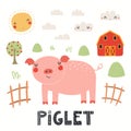 Cute funny pig, piglet, farm landscape, isolated