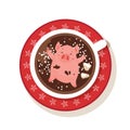 Cute and funny piglet chilling in a cup of winter drink isolated on white. Excellent for the design of postcard, poster