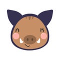 Cute funny piglet superhero face in mask cartoon character illustration. Royalty Free Stock Photo