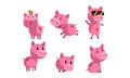 Cute Funny Piglets Set, Adorable Piggies Cartoon Characters in Different Poses Vector Illustration