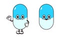 Cute funny pill waving hand character. Vector hand drawn traditional cartoon vintage, retro, kawaii character