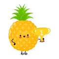 Cute funny pineapple hold gold trophy cup. Vector hand drawn cartoon kawaii character illustration icon. Isolated on Royalty Free Stock Photo