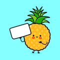 Cute funny pineapple with poster. Vector hand drawn cartoon kawaii character illustration icon. Isolated on blue Royalty Free Stock Photo